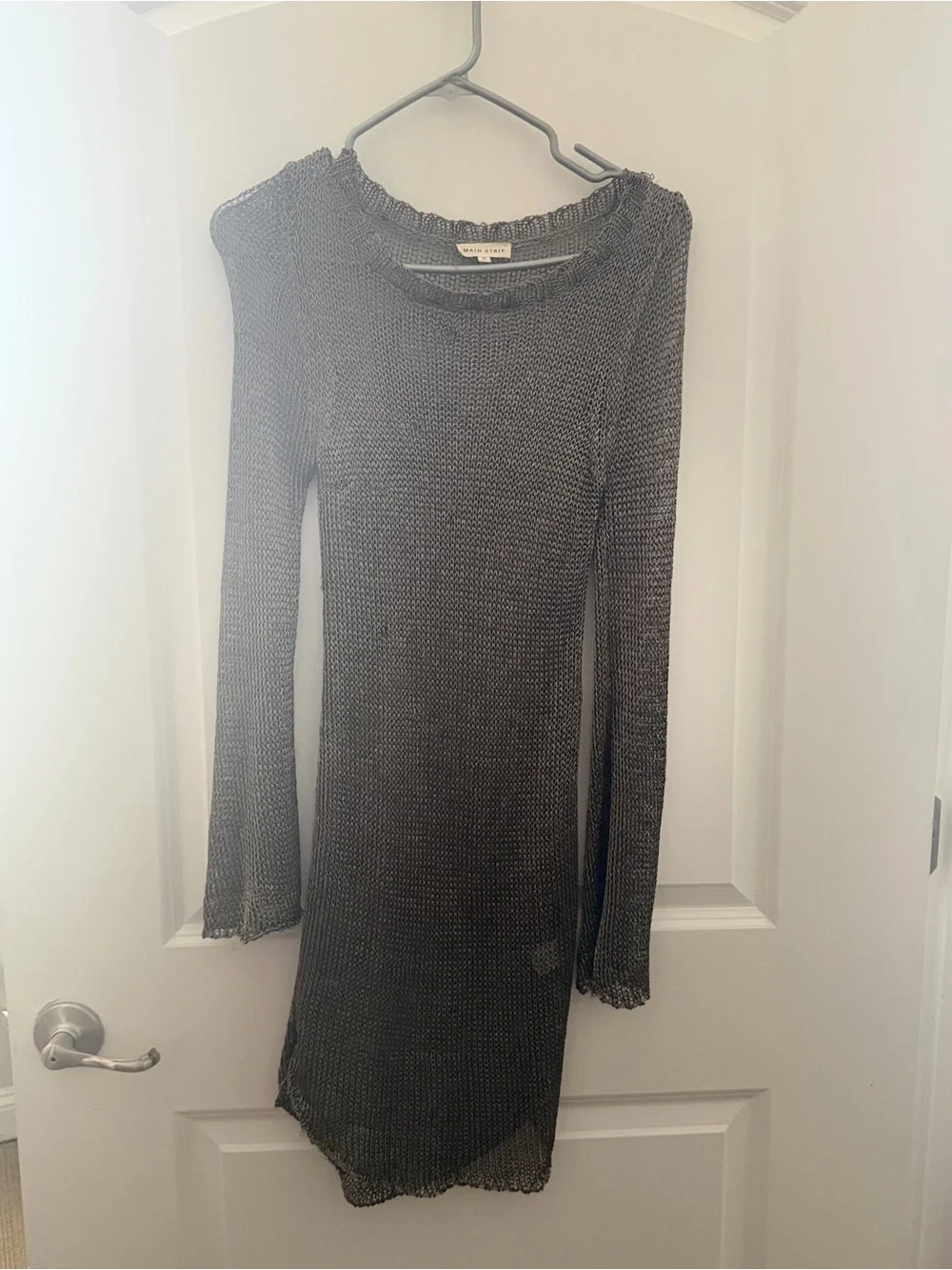 Metallic Long-Sleeve Knit Midi Sheer Dress in Bronze Color